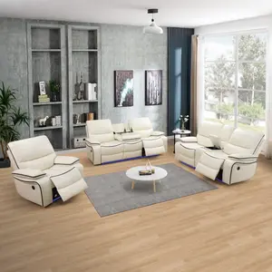 Leather Power Recliner Sofa Set with LED, Living Room Furniture Set, Leather Sofa Set with USB Port Storage Console Cup Holder for Office Living Room Home (Cream White-3)