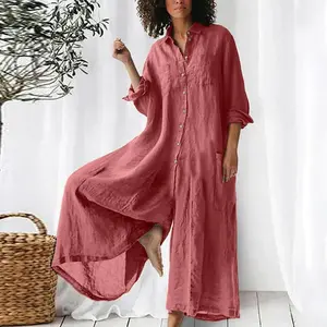 SolidColorCasualLong-sleevedMediumandLongCottonandLinenShirtJumpsuitWomen