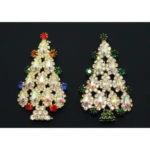 Multi-Tiered Christmas Tree Brooch with Super Sparkling Aurora Borealis Marquise Rhinestones, Gold-Tone Metal Holiday Pin with Safety Clasp, 2.25 x 1.25 in
