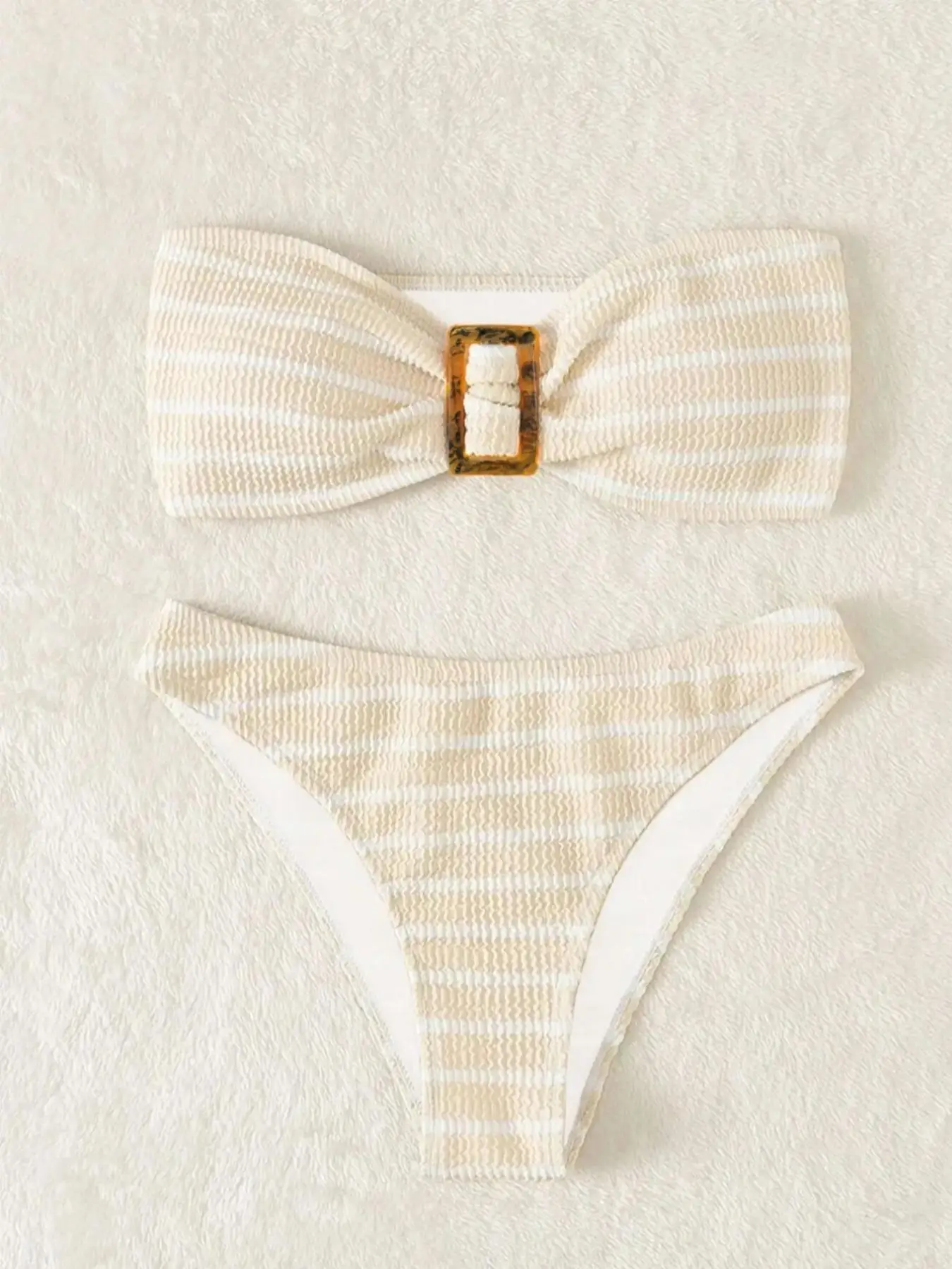 Two-Piece Set Women's Striped Print Buckle Decor Bikinis Set, Casual Bandeau Bikini Top & High Cut Swim Panty Set, Swimsuit for Women, Bathing Suits 2