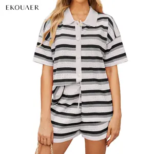 Ekouaer Lounge Sets for Women Crochet Striped 2 Piece Short Sets Short Sleeve Outfits Matching Sets Clothing Loungewear