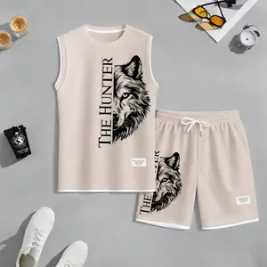 Men's Domineering Half-Face Hunter Wolf Head "THE HUNTER" Slogan Print Sleeveless Tank & Shorts Set, Summer Lightweight Waffle Sporty Casual Two-Piece Outfit, Streetwear for Gym & Daily Wear