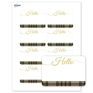 Avery Printable Adhesive Name Tags, 2-1/3" x 3-3/8", Matte White, Pre-printed Plaid & Metallic Gold Hello Design, Laser & Inkjet Compatible, 160 Total, Great for Branding, Marketing, and Events
