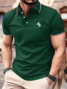 Men's Regular Fit Horse Print Polo Shirt, Casual Short Sleeve Half Zip Top for Summer, Fashion Men's Clothes for Daily Wear, Tropical, Polo Tees
