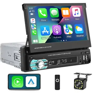 Single Din Flip Out Screen Car Stereo with Wireless Carplay and Android Auto, 7 inch 1 Din Touch Screen Vehicle Radio Support Bluetooth/SWC/USB/FM + Backup Camera + Mic + Remote