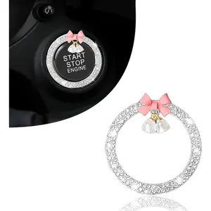 Cute Bow Bling  Engine Stop Decoration Ring, 1 count  Rhinestone  Button Start Button Cover, Shiny Key  and Knob Ring, Bling  Accessories for Women (White)