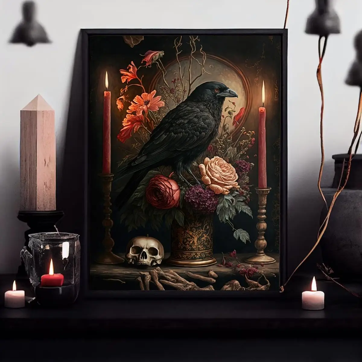 Crow & Flower Pattern Unframed Painting, Canvas Wall Art without Frame, Decorative Painting for Home Living Room Bedroom, Halloween
