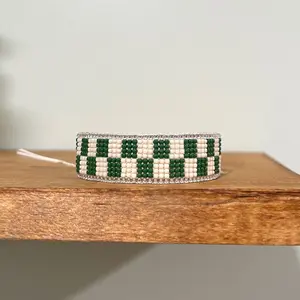 Checkered Bracelet, Beaded Bracelet, Woven Bracelet- Olive Green and Cream, Seed Beads, Handmade Jewelry, Bracelet Cuff, Minimalist Bracelet