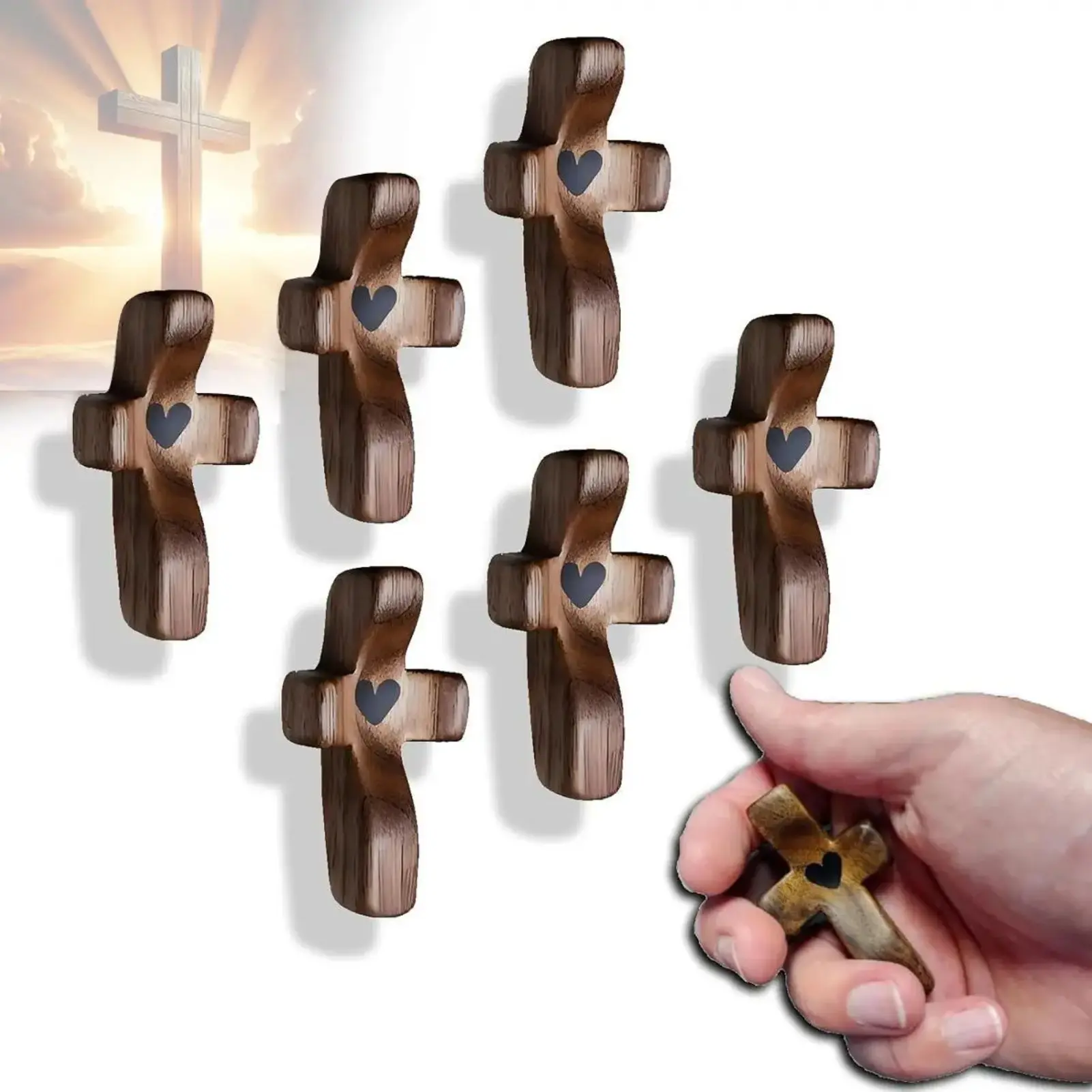 Handmade Wooden Pocket Cross Multiple Sets (3/6/10/20 Pcs) - Pocket-Sized Rustic Christian Stress Relief Fidget Toys, Heart Motif Religious Decor, Inspirational Christmas Gifts for Adults, Baptism Essentials, Colleagues