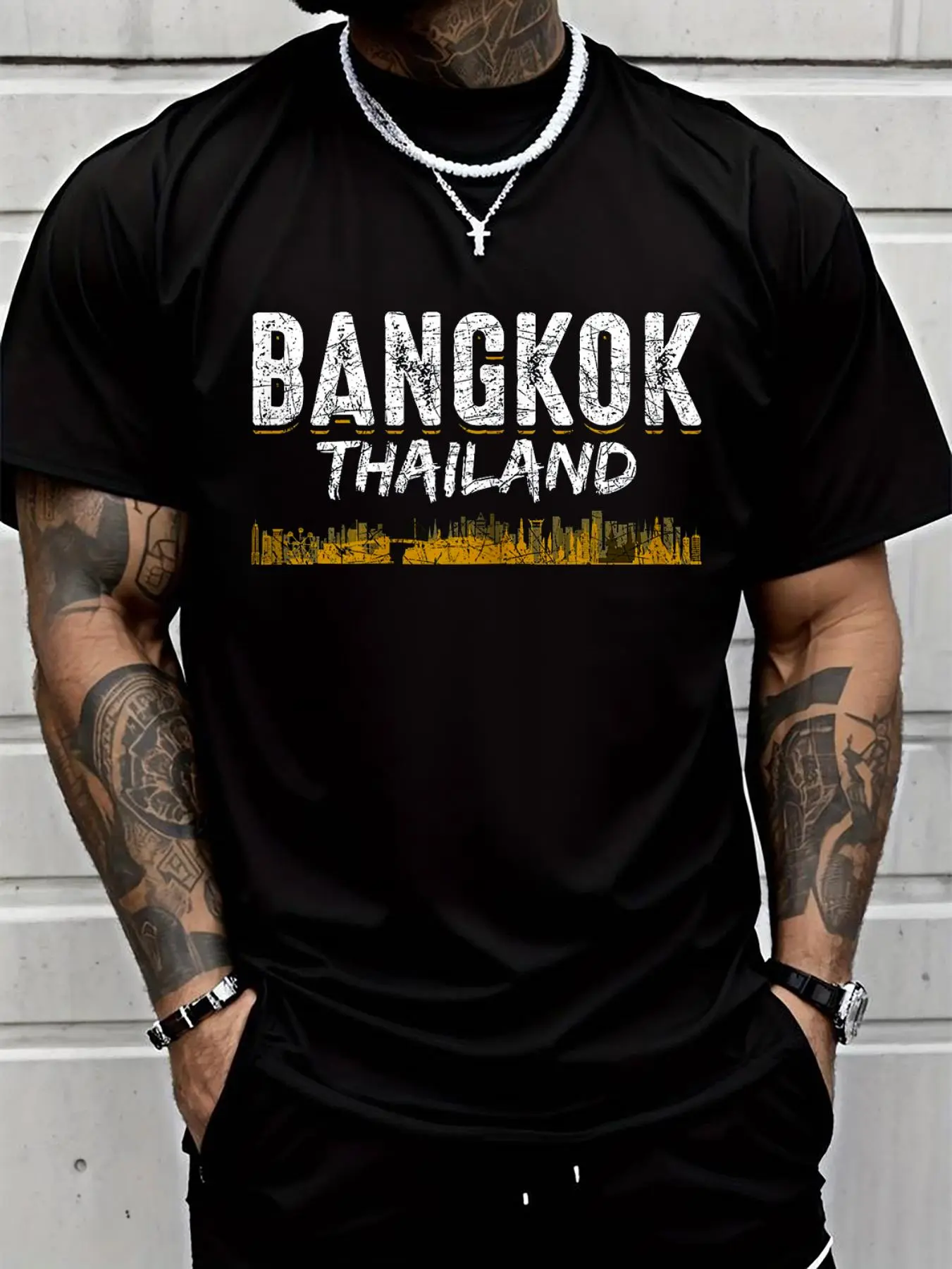 100% cotton Thai Vacation Bangkok Travel Thailand T-Shirt Printed T-shirt, Short-sleeved Crew Neck Casual Top, Suitable For All Seasons, Men's Wear