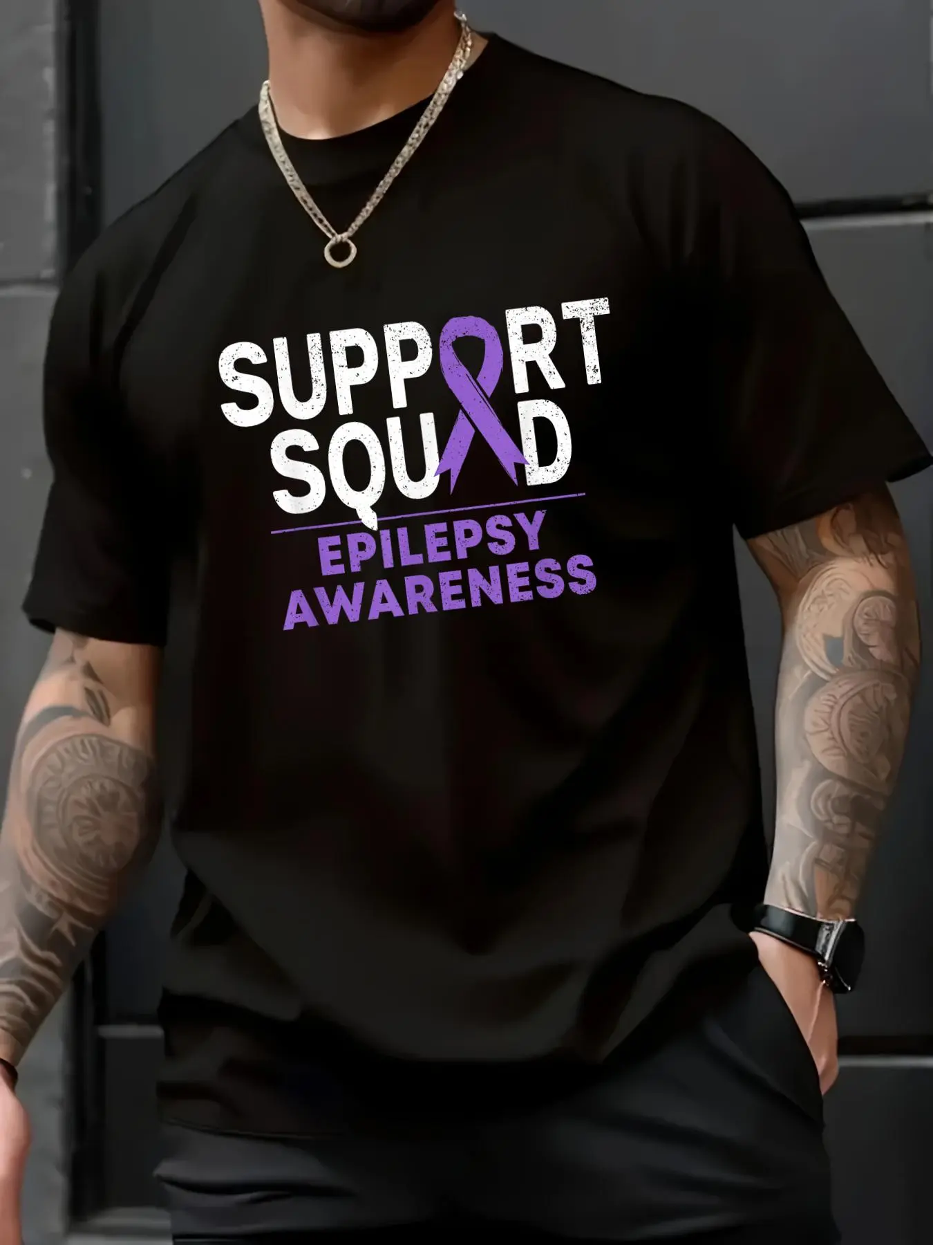 Men's 100% Cotton Short-Sleeve Unisex Epilepsy Awareness Purple Ribbon Print Loose T-Shirt - Retro, Soft, Breathable, Round Neck, Stylish Streetwear, Ideal for Everyday Wear, All Seasons, Cold Wash Menswear Top