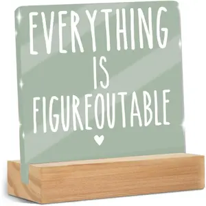 Home Office Desk Decor, Inspirational Farmhouse Acrylic Desktop Decoration Sign With Wooden Stand Decor for Tabletop Cubicle Shelf Desk Accessories-Everything is Figureoutable Mental Health Sign