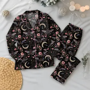 Night Garden Mystical Moth Magic Witchy Floral Satin Pajama Set, Halloween Magic Witchy Floral Pajama Sleepwear, Nighwear Set for Her
