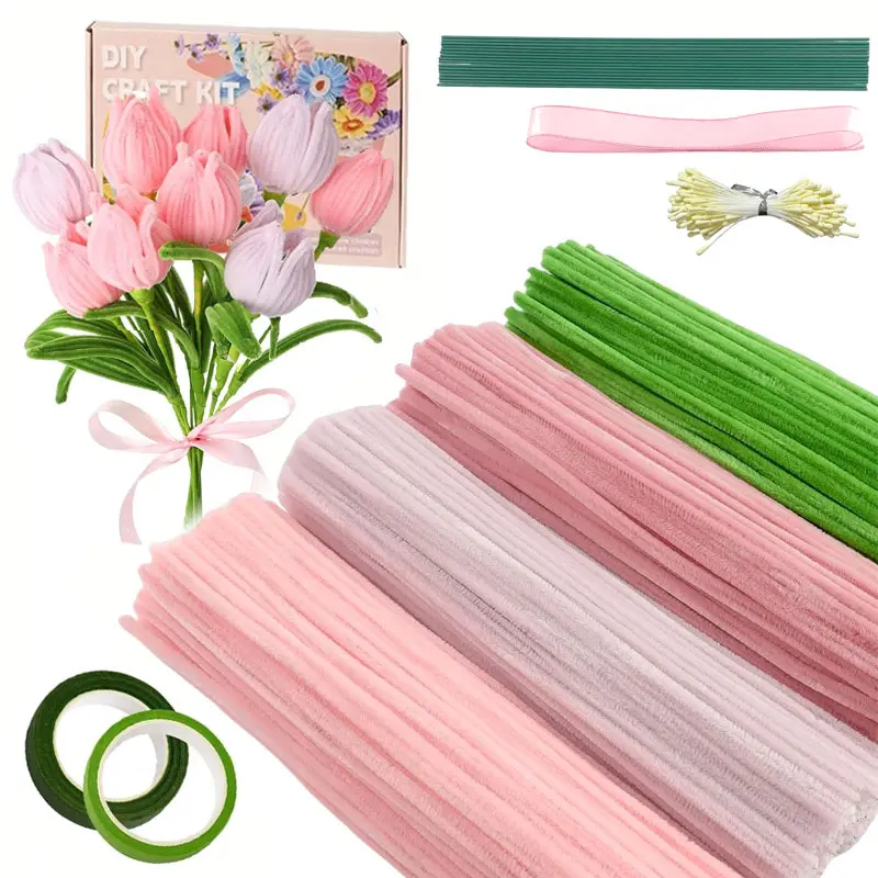 400pcs DIY Colored Floral Pipe Cleaners Material Set, Includes Floral Wire, Tape, Stamens, Ribbon, DIY Handmade Floral Material Set, Creative Gift and Decoration Suitable for Women, Birthday/Valentine's Day, for Diy Flower Decor (Color Box Style Random)
