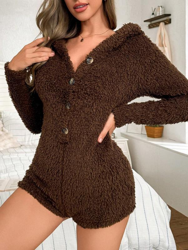 1pc Women's Thermal-Lined Jumpsuit Pajamas, Brown Teddy Bear Flannel Fuzzy With Half-Open Front, Long Sleeve Hooded Jumpsuit With 3D Ear Design, Comfortable Sexy Elegant Casual Loungewear
