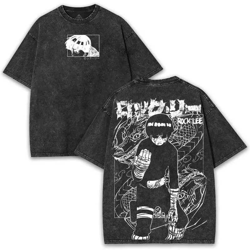Unisex Rock Lee Vintage Washed Cotton T Shirt Crew Neck Short Sleeve Tee Anime Dragon Print Oversized Streetwear Manga Tshirt for Men Women Wear