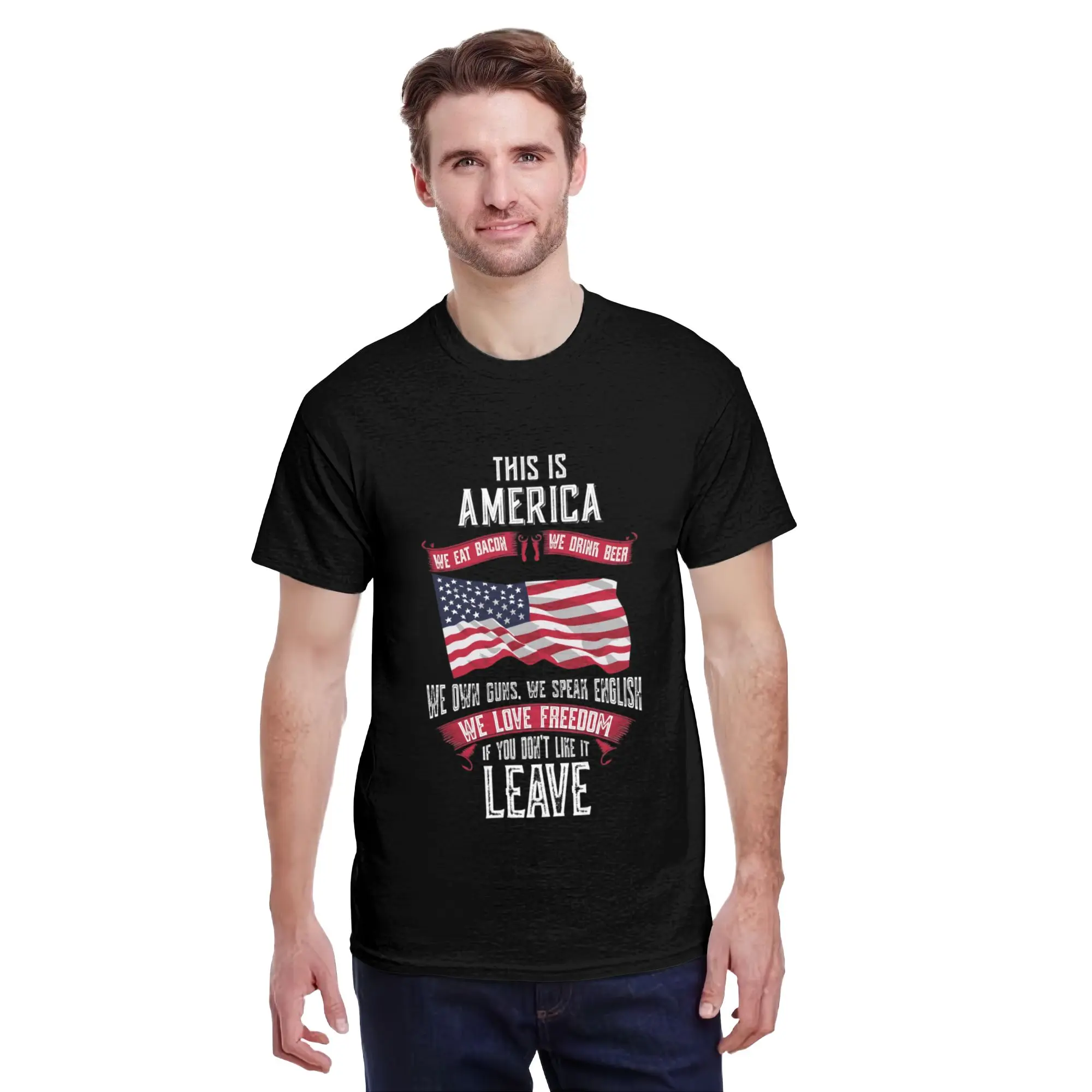 Statement "This Is America If You Don't Like It Leave" T-Shirt - Retro Graphic Tee with Round Neck, Machine Washable Casual Shirt for Year-Round Wear