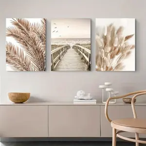 New 3 Piece Vertical Oblong Framed Botanical Nature Wall Art - Modern Minimalist Floral Reed Canvas Prints with Grass and Seascape Pier Scenery - Contemporary Living Room Home Deco Decor Poster