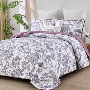 Botanical Set Queen Size, Purple 3 Pieces Toile Floral Plants Printed Bedspread Bedding Set Soft Lightweight Microfiber Coverlet Set for All Season (96"x90")