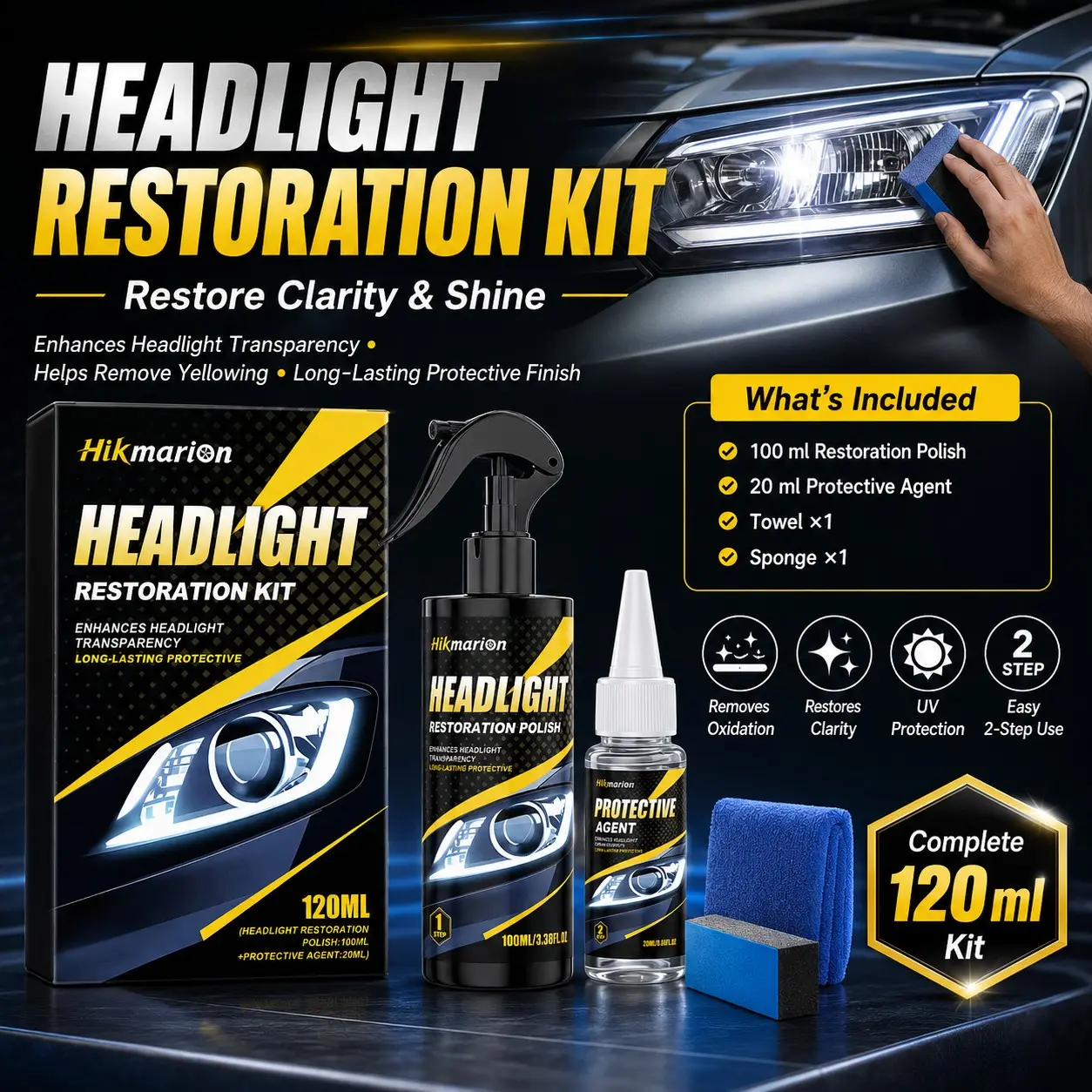 Car Headlight Cleaning and Renovation Kit, Improve Yellowed and Blurred Headlights, Surface Protection for Clear Lighting