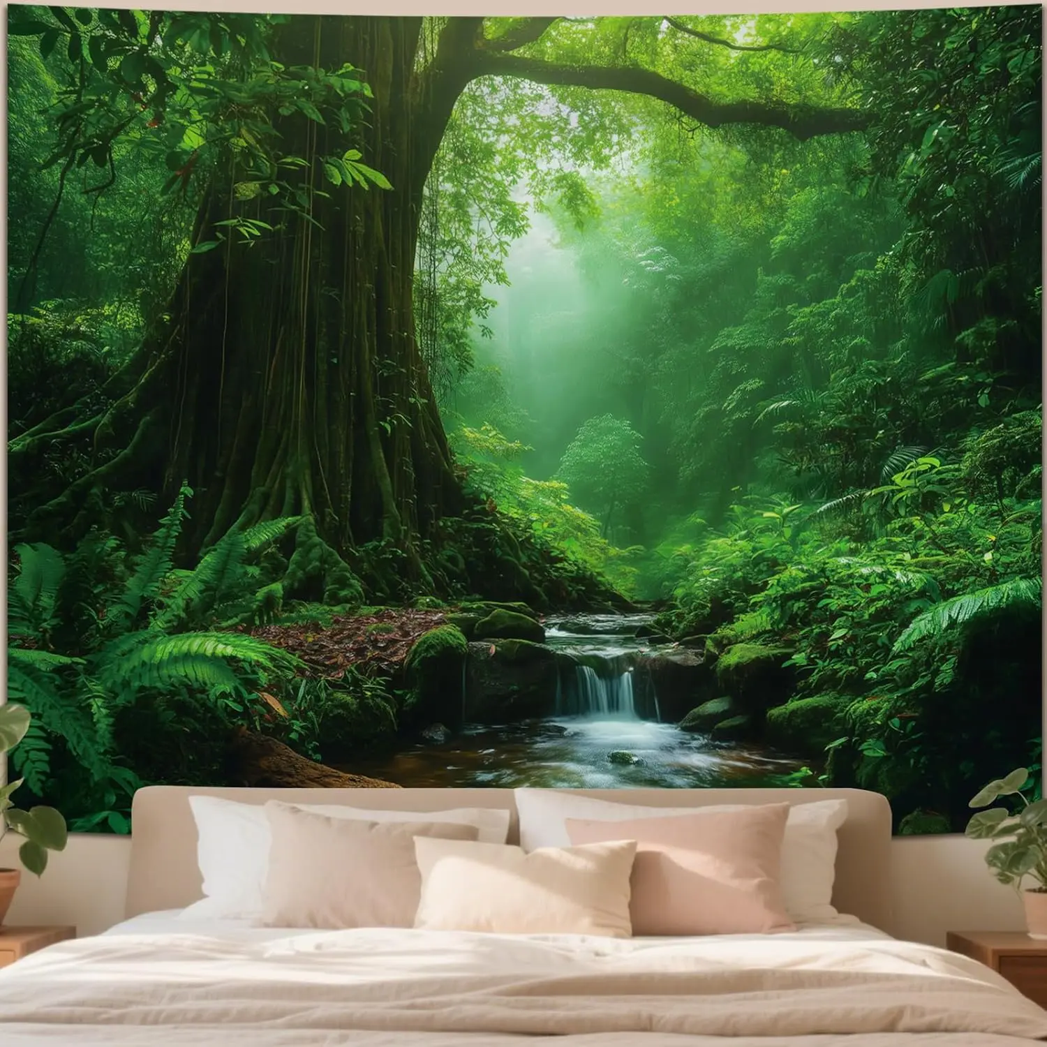Forest Green Nature Artwork Print Tapestry - Misty Tree of Life Landscape Wall Mural Hanging, 80"x60" Print for Bedroom, Living Room Home Decor Backdrop, Artwork Print Tapestries