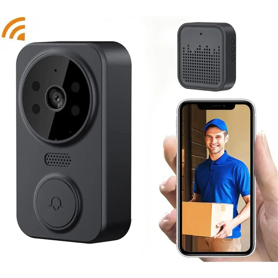 Black Wireless Video Doorbell Camera - Home Security Doorbell with 2-Way Intercom, WiFi Connectivity, Infrared Remote Monitoring, Battery-Operated System, Two Way Intercom