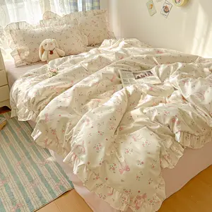 3-Piece Korean Style Bow Print Bedding Set, Includes Duvet Cover & Pillowcases,no insert, Breathable Fabric, All-Season Use, Easy Care, Bedroom Bedding Set