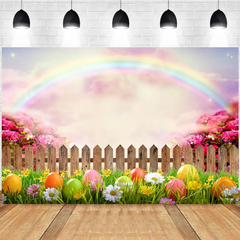 Photography Background Spring Easter Rainbow Wooden Fence Easter Eggs Flowers Photo Studio Backdrop