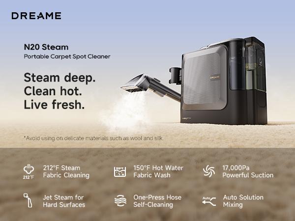 【New Arrival】DREAME N20 Steam Portable Carpet Cleaner with Steam & Hot Water Wash, Upholstery Cleaner Machine with Auto-Mix Solution, 17Kpa Powerful Suction, Spot Cleaner for Carpet, Couch, Furniture, Pets, Cars