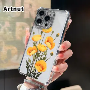 Golden Poppy Charm Pattern Phone Case for iPhone 17 16 Pro Max 15 Plus 14 13 12 11 E Air Electroplated Cover with Airbag Shockproof Soft Silicone Casing