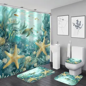 4 Pcs Beach Shower Curtain Set Teal Sea Turtle Bathroom Sets with Shower Curtain and Rugs Blue Ocean Bathroom Decor Accessories Starfish Shower Curtains for Bathroom Toilet Lid Cover with