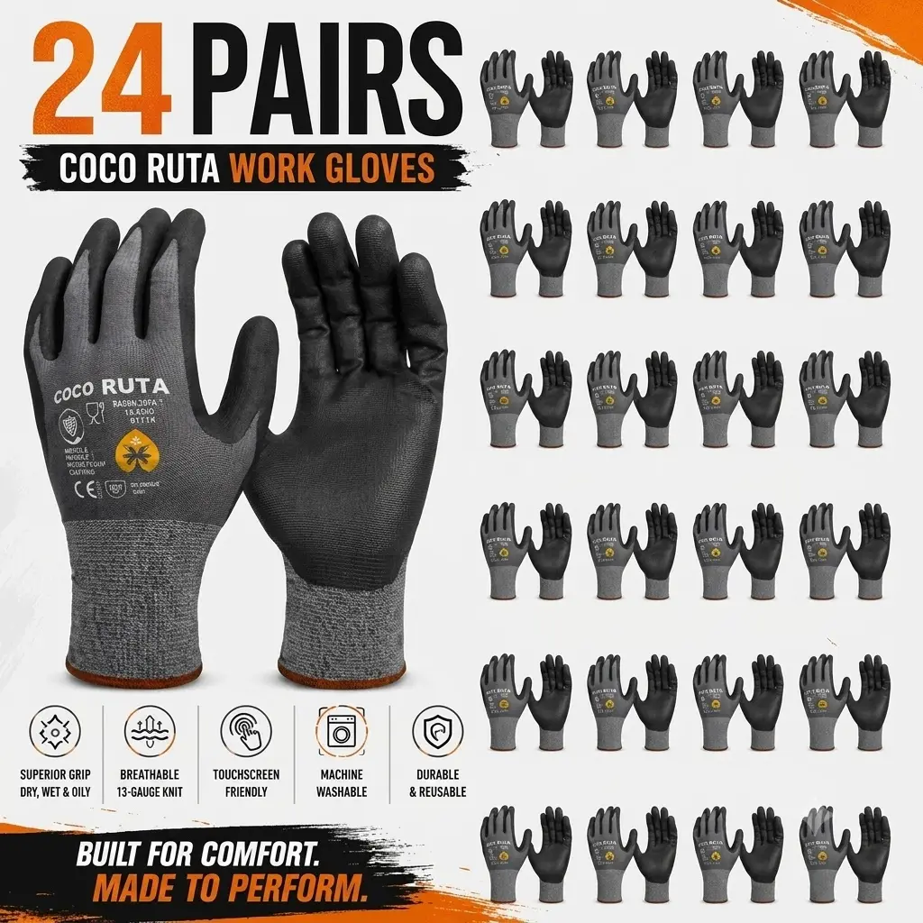 24 Pairs COCORUTA KG11PB PU-Coated Safety Work Gloves - CE EN388 Certified, Work Gloves Grip, DIY Projects, Ceiling Grip Design, Polyurethane Coated, Warehouse Workers