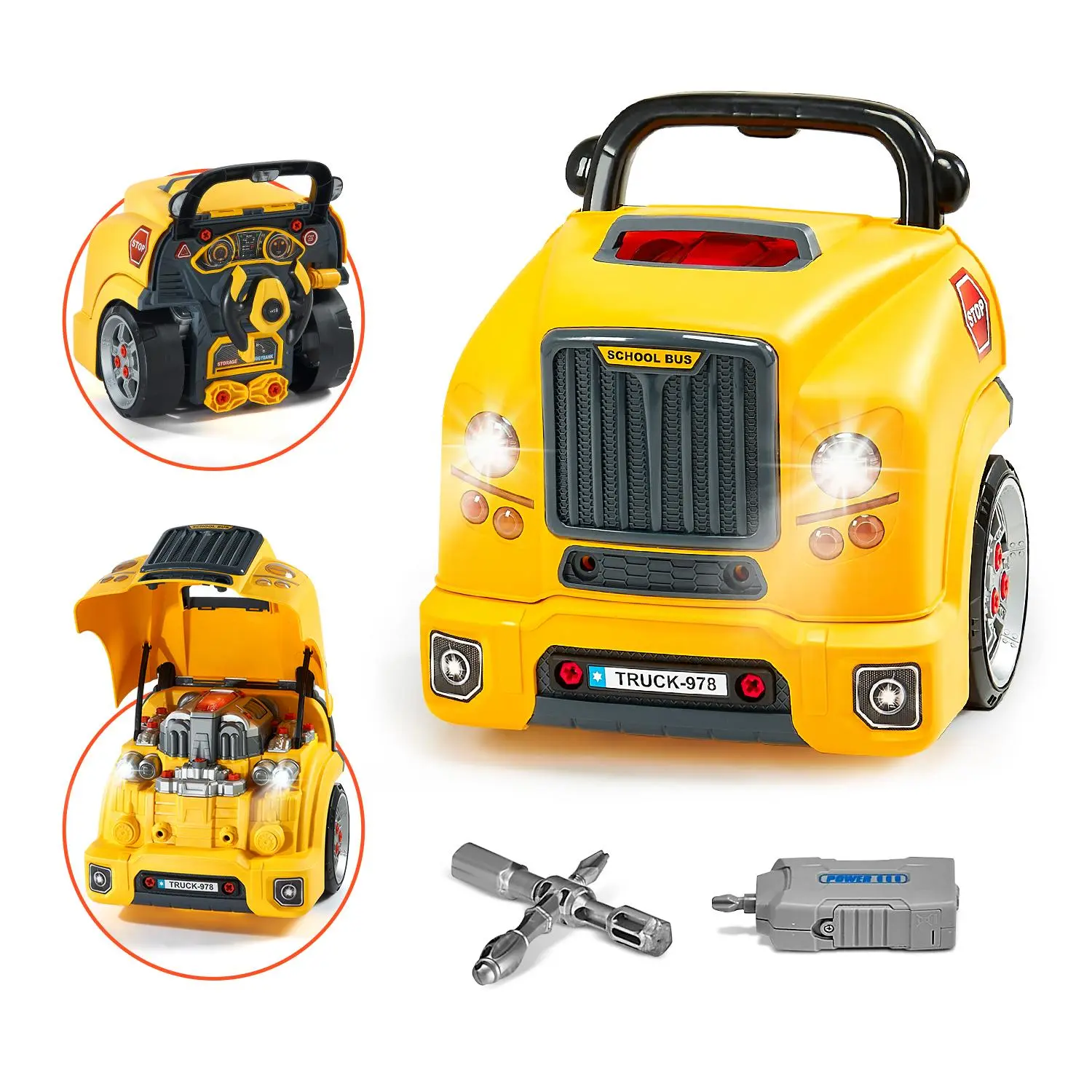 VEVOR 60-Piece ABS+PP Engine Toy Set, Tools and Gadgets with Removable Parts, Interactive Cockpit, Lights, Sound Effects, Steering Wheel, Horn, Batteries Included, Transportation-Themed Toddler Gift for 3-4 Years to Boost Motor Skills, Yellow