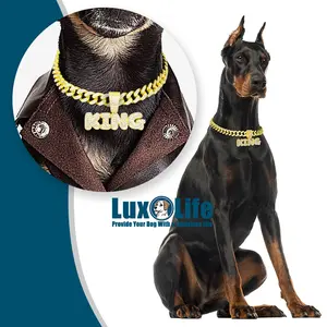 Gold Dog Chain Collar Necklace with diamond pendant "KING" Letter,Diamond Cuban Link Dog Collar 13mm Wide Dog Necklace Metal Cat Chain Pet Crystal Collar Jewelry Accessories for Small Medium Large Dogs Cats