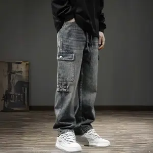 Men's Casual Baggy Cargo Workwear Jeans Loose Fit Straight Leg Hip Hop Denim Pants, Men's Solid Flap Pocket Cargo Jeans, Loose Casual Street Fashion Denim Pants for Daily Wear, Streetwear Relaxed Jeans, Vintage Wash Distressed, Vintage Washed Jeans