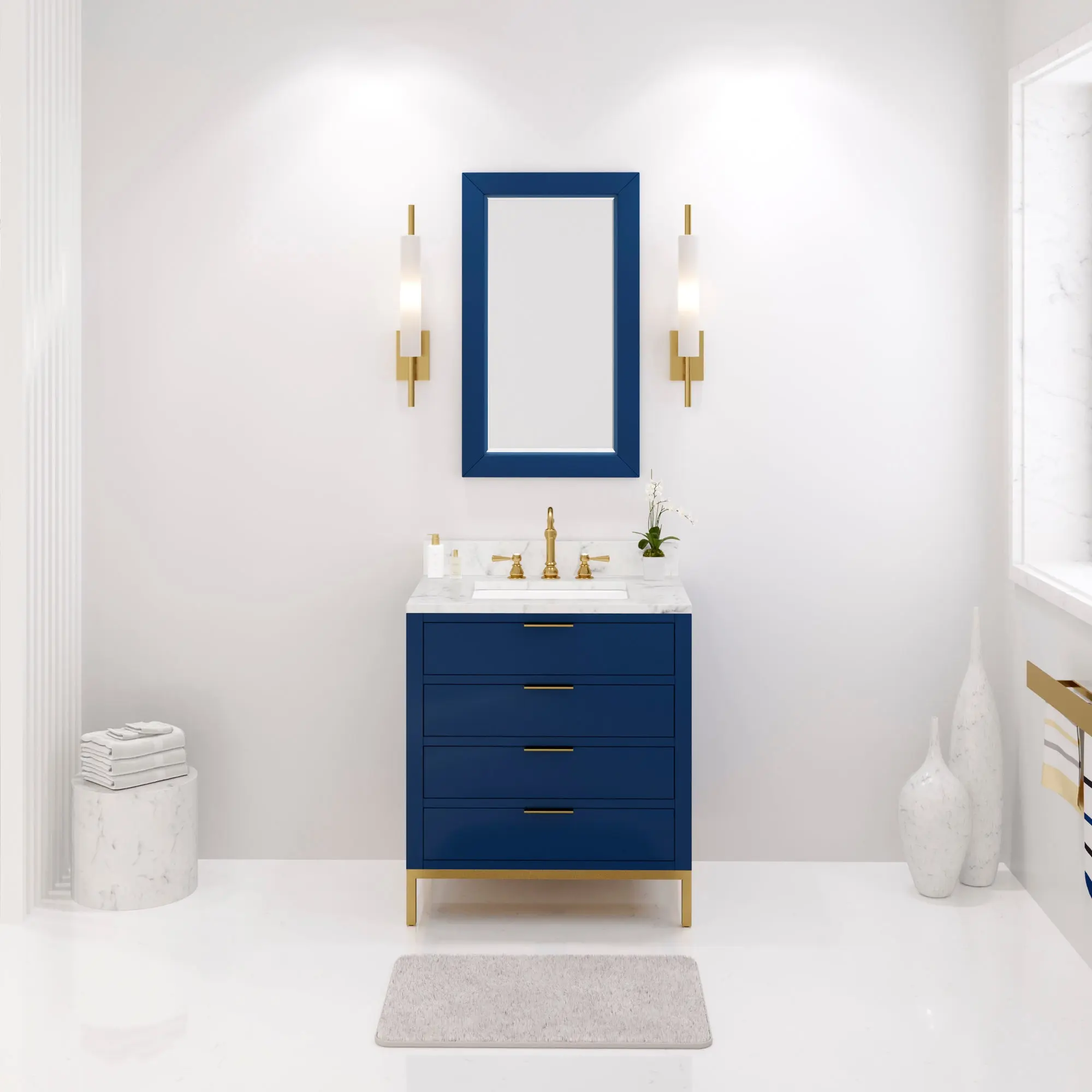 Water Creation Bristol 30" Single Sink Carrara White Marble Countertop Bath Vanity in Monarch Blue with Mirror(S)