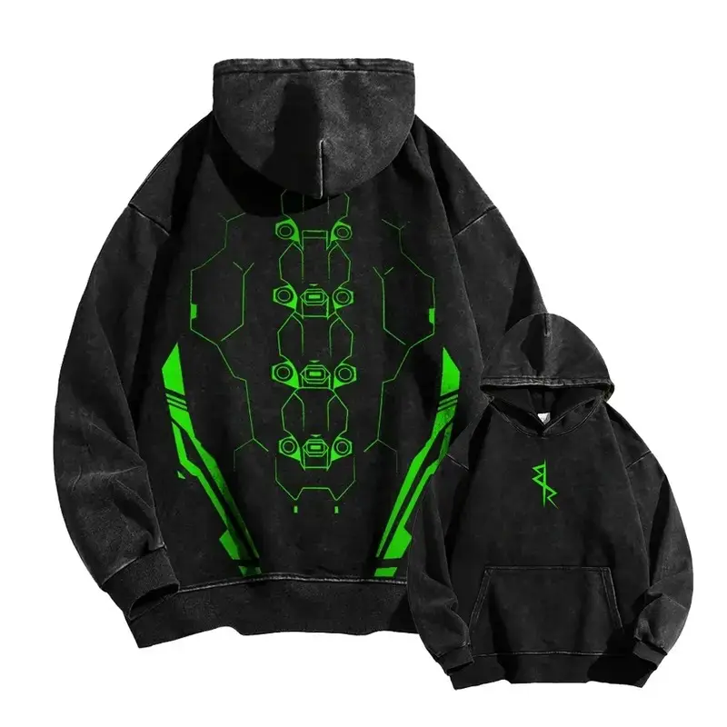 Cyberpunk Mecha Spine Graphic Hoodie Vintage Wash Black Pullover Techwear Futuristic Cybernetic Neon Green Print Oversized Streetwear Hooded Sweatshirt Gift for Gamers