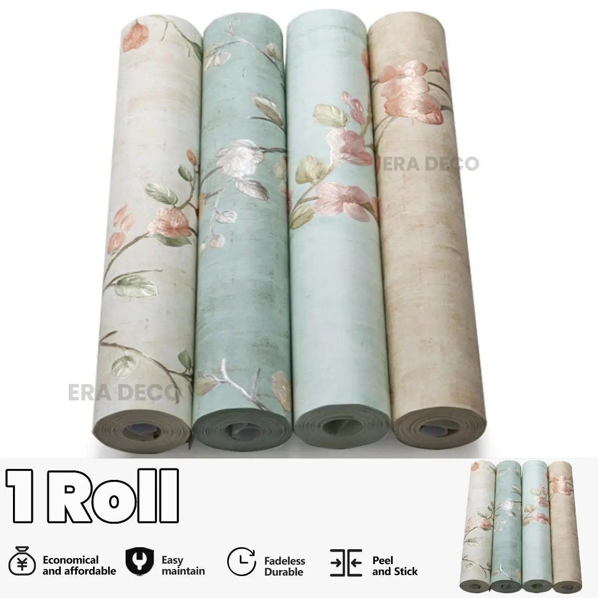 American Country Floral Wallpaper Roll, Self-Adhesive Thick Non-Woven Fabric, 3D Embossed Texture, Quick Refresh, Living Room Bedroom Decor