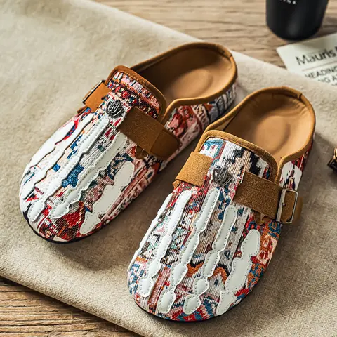 Women's Woven Mule Sandals - Footwear with Lightweight Cushioned Clogs, Geometric Tribal Print Ankle Slip-Ons, Adjustable Buckle Strap, Flat Stable Rubber Sole, Breathable Black Boho Casual Shoes