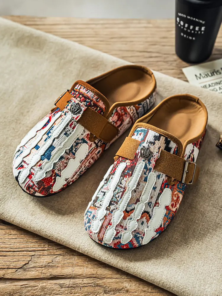 Women's Boho Print Clogs, Flat Woven Fabric Slip-On Slippers with Adjustable Buckle Strap for Casual Wear, Geometric