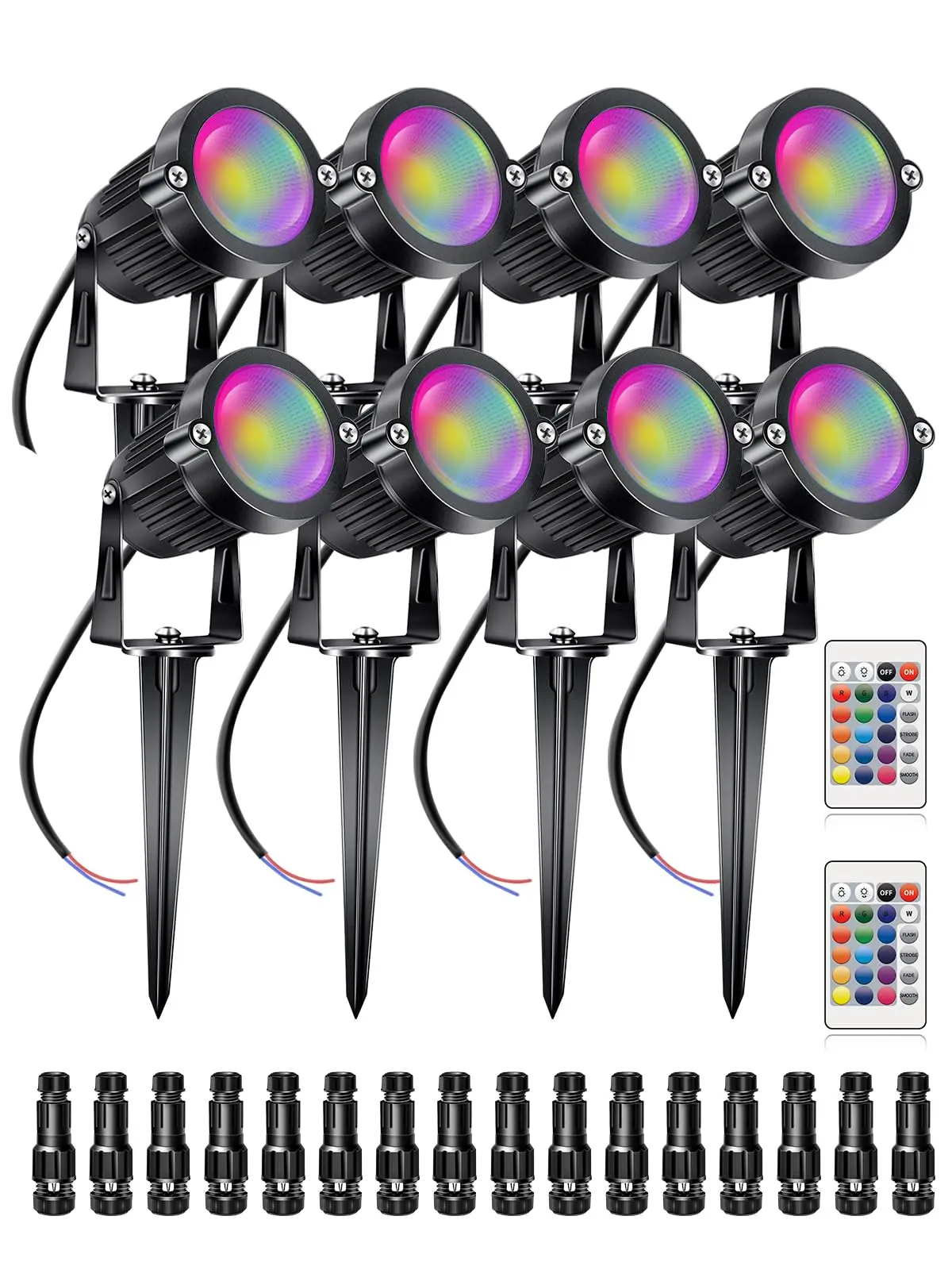 8-Pack Adjustable RGB+W Low Voltage Outdoor Flood Lights, 5W 12V LED Spotlights with 2 x Remote Control, 16 Colors Changing Waterproof Pathway & Garden Decorative Lights with Connectors