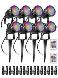 RGB+W Low Voltage Landscape Lights with Remote Control 5W 12V Landscape Lighting LED 16 Color Changing Spotlights Outdoor Waterproof Pathway Lights Garden Decorative(8 Pack with connectors)