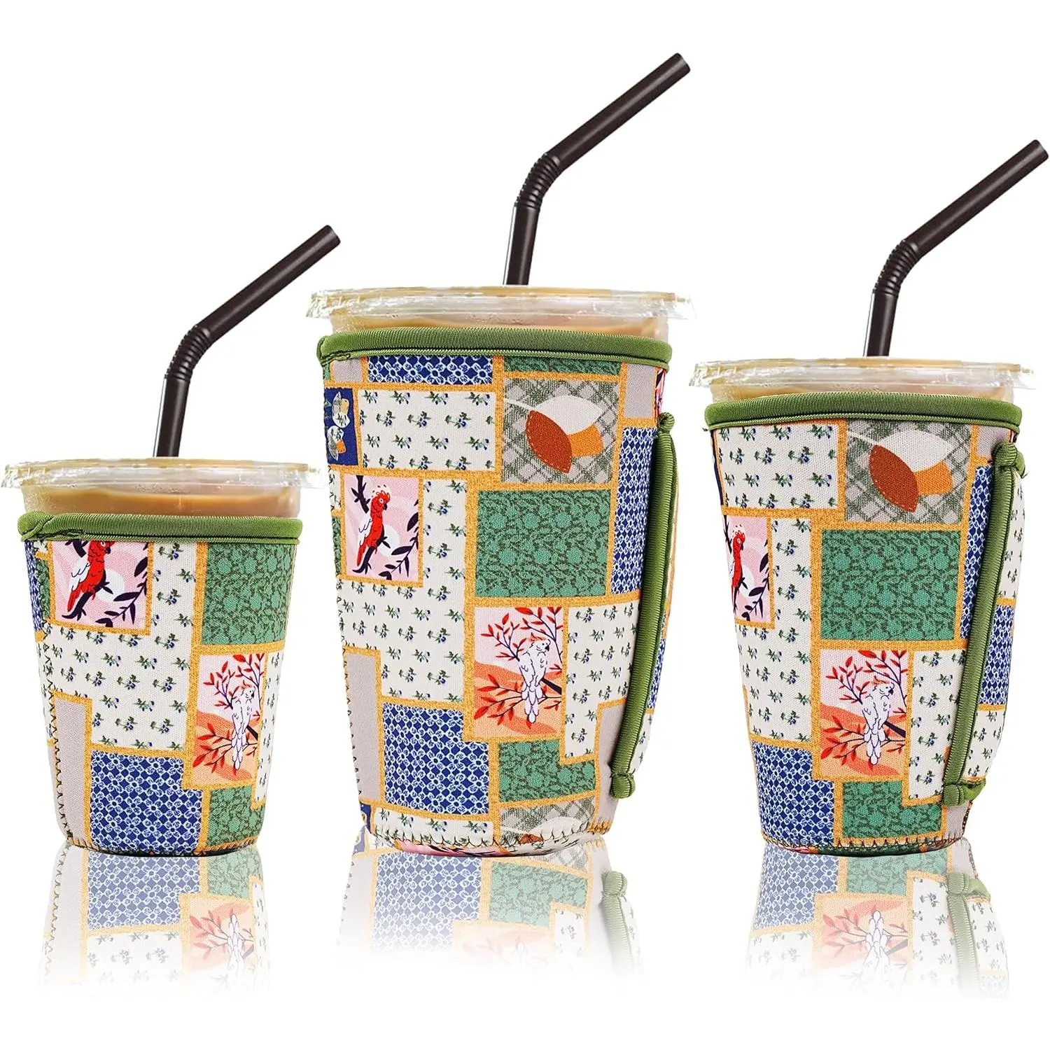 3 Pack Iced Coffee Sleeve Insulator Sleeves for Cold Drinks Beverages  Neoprene Cup Sleeve with Handle Cup Holder for  Coffee, Dunkin Coffee, More (Green Oil Painting)
