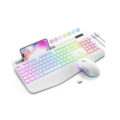 SABLUTE KM22MAX Multifunctional Keyboard and Mouse Combo - 2.4G QWERTY, Rechargeable Colored Backlight, 9 Lighting Modes, Ergonomic 54% Wrist Support, Built-in Phone Holder, Silent Typing, Hotkeys, Non-Bluetooth (Back to School)