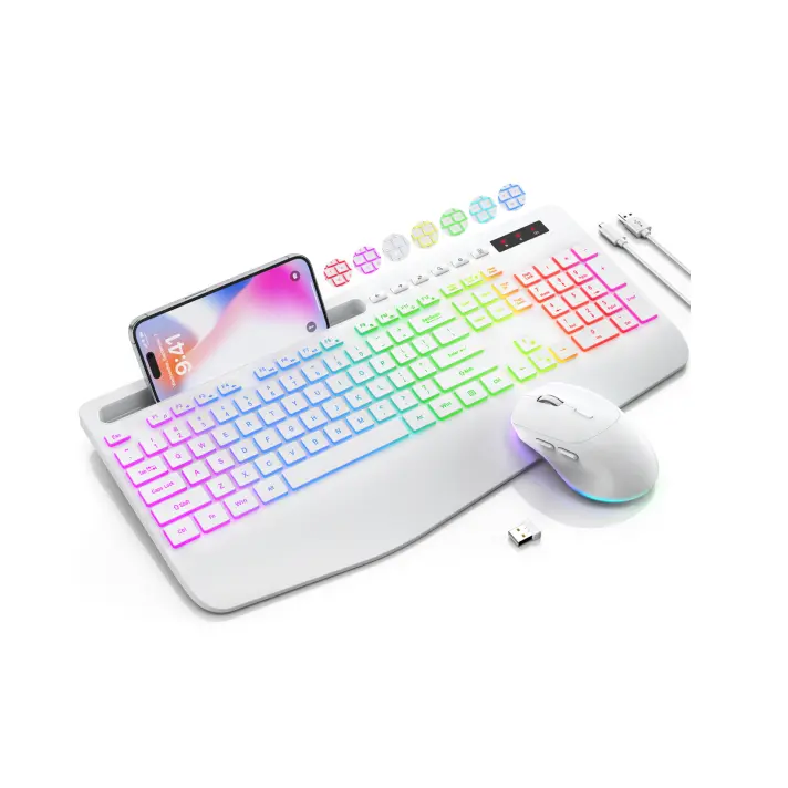 SABLUTE KM22MAX 2.4G Keyboard Mouse Set, Rechargeable Backlit, Ergonomic Wrist Rest, Built-in Phone Holder, Silent Typing, 9 Lighting Modes (Non-Bluetooth)