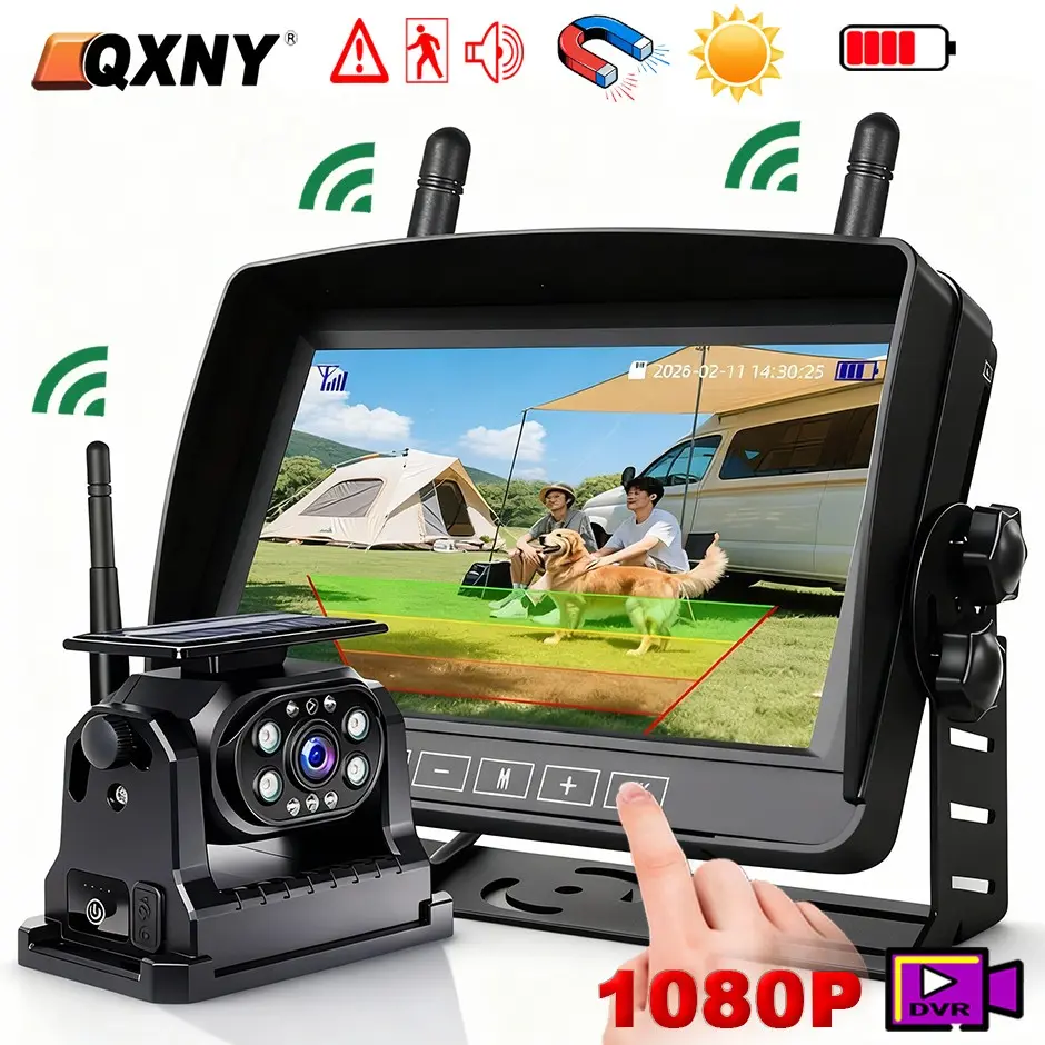 Wireless 7 Inch Solar Energy DVR Recording Monitor Rear View Backup Camera Reversing Cam Dual for Camper/Truck/Trailer/RV/Bus