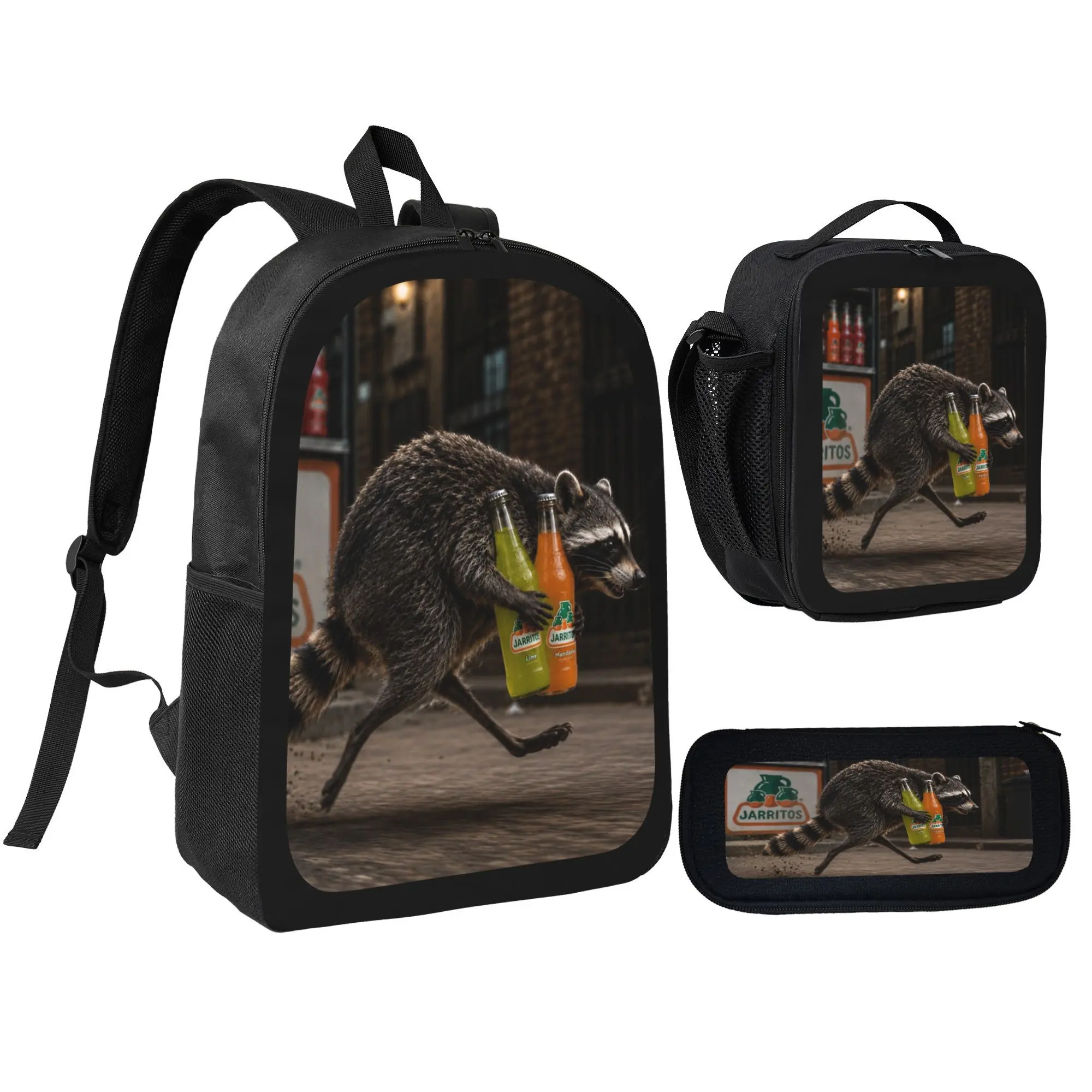 Jimothy the Raccoon School Backpack Set 3-in-1 Lightweight Bookbag with Insulated Lunch Box & Pencil Case, Must-Have Back to School Essentials for Teens