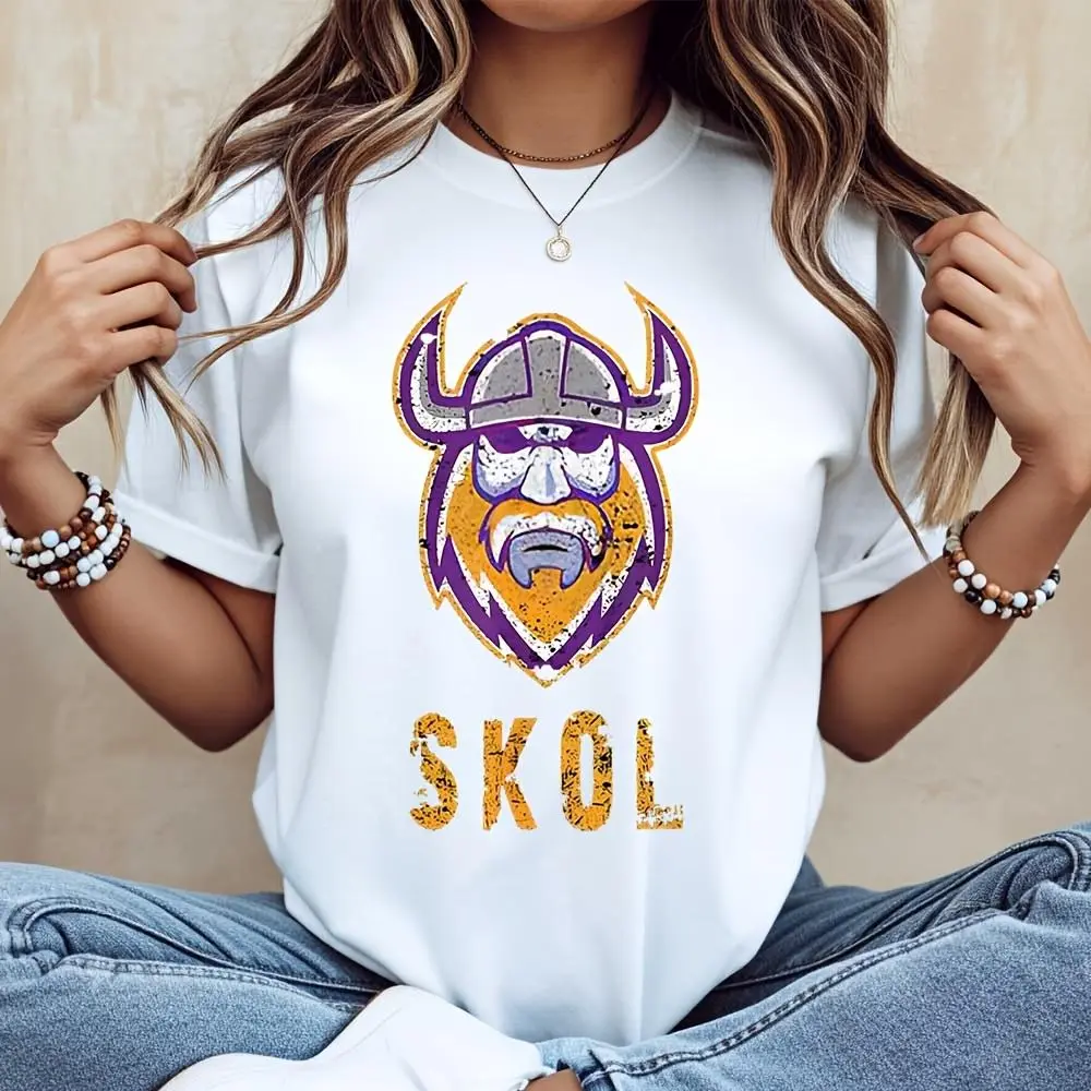 Viking Helmet Graphic And Skol Text, T-Shirt, American Football Fan Apparel, Casual Daily Wear Game Day Party