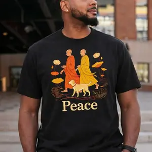 Peace Monk T-Shirt/Sweatshirt/Hoodie, Buddhist Monks Walking With Dog Shirt, Lotus Zen Spiritual Graphic Tee, Mindfulness Meditation Gift, For Men and For Women