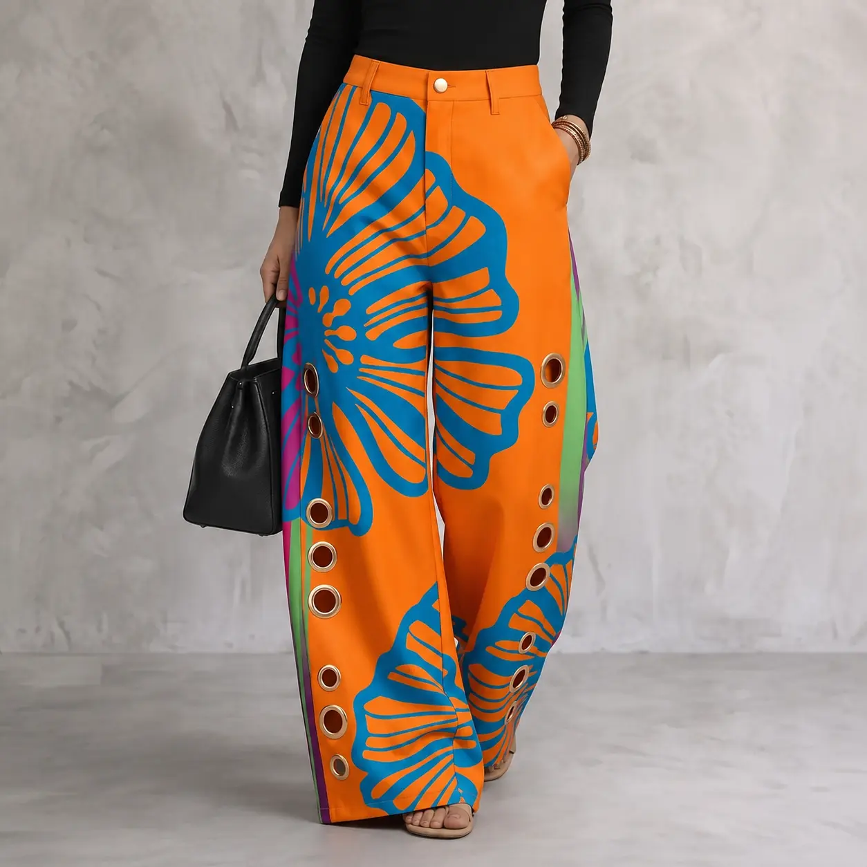 Richki 2026 Women’s New High-Waisted Buttoned Loose Pants, Geometric Cutout Pockets, Eyelet Details - Spring/Summer Casual Everyday Bottoms for Back-to-School Outfits with Tops or Tank Tops Womenswear Maxi